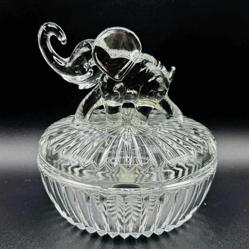 Vintage 1940s Jeannette Glass Elephant Powder Jar Covered Trinket Candy Dish